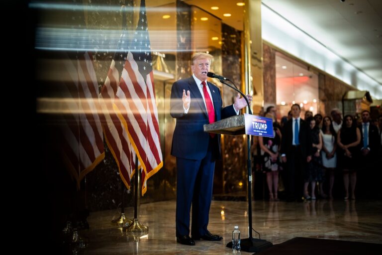 From the Trump Tower lobby, a gusher of falsehoods about the trial