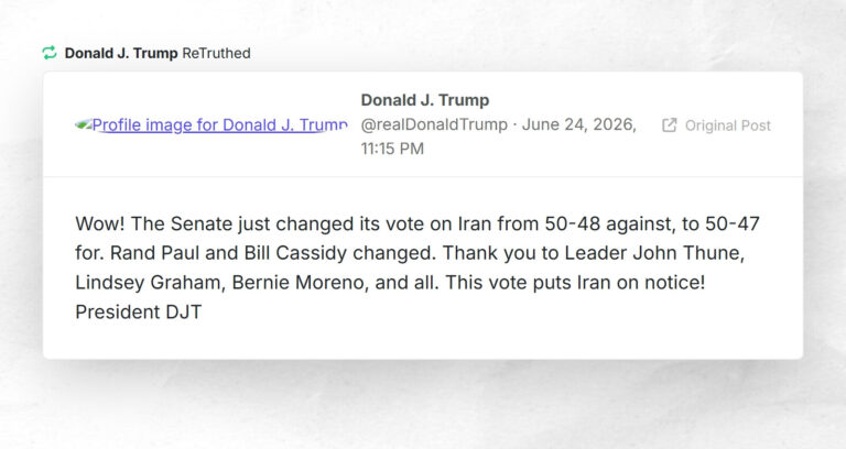 RT @realDonaldTrumpWow! The Senate just changed its vote on Iran from 50-48 against, to 50-47 for. Rand Paul and Bill Cassidy changed. Thank you to Leader John Thune, Lindsey Graham, Bernie Moreno, and all. This vote puts Iran on notice! President DJT