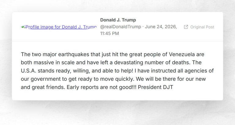Donald J. Trump: “The two major earthquakes that just hit the great people of Venezuela are bo…