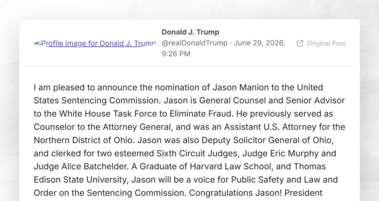 Donald J. Trump: “I am pleased to announce the nomination of Jason Manion to the United States…