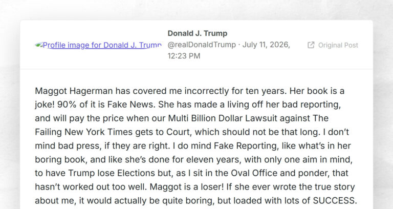 Donald J. Trump: “Maggot Hagerman has covered me incorrectly for ten years. Her book is a joke…