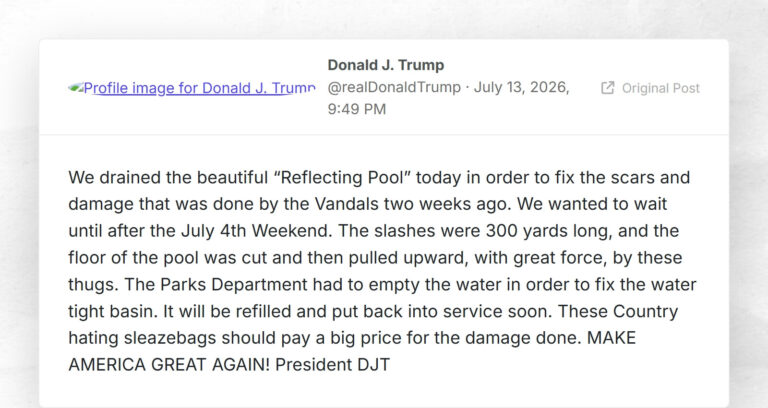 Donald J. Trump: “We drained the beautiful “Reflecting Pool” today in order to fix the scars a…