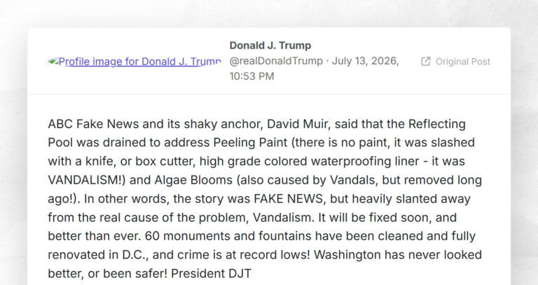 Donald J. Trump: “ABC Fake News and its shaky anchor, David Muir, said that the Reflecting Poo…