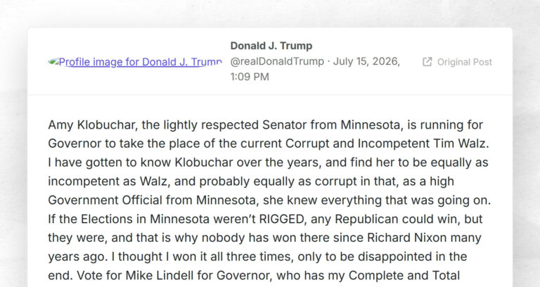 Donald J. Trump: “Amy Klobuchar, the lightly respected Senator from Minnesota, is running for …