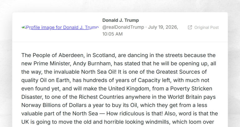 Donald J. Trump: “The People of Aberdeen, in Scotland, are dancing in the streets because the …