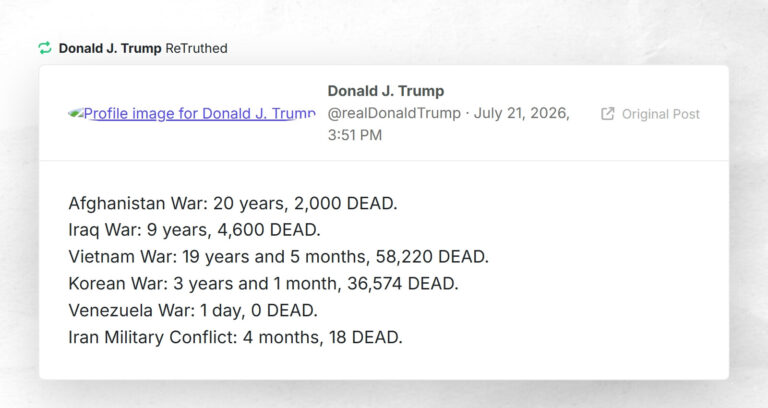 RT @realDonaldTrumpAfghanistan War: 20 years, 2,000 DEAD.Iraq War: 9 years, 4,600 DEAD.Vietnam War: 19 years and 5 months, 58,220 DEAD.Korean War: 3 years and 1 month, 36,574 DEAD.Venezuela War: 1 day, 0 DEAD.Iran Military Conflict: 4 months, 18 DEAD.