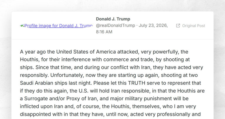 Donald J. Trump: “A year ago the United States of America attacked, very powerfully, the Houth…