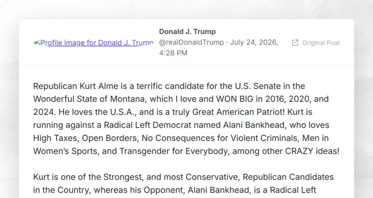 Donald J. Trump: “Republican Kurt Alme is a terrific candidate for the U.S. Senate in the Wond…