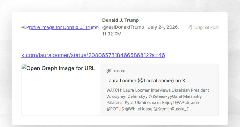 Donald J. Trump: "https://x.com/lauraloomer/status/2080657818466586812?s=46"