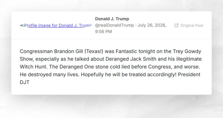 Donald J. Trump: “Congressman Brandon Gill (Texas!) was Fantastic tonight on the Trey Gowdy S…