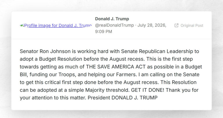 Donald J. Trump: “Senator Ron Johnson is working hard with Senate Republican Leadership to ado…