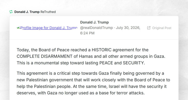 Donald J. Trump: “RT @realDonaldTrumpToday, the Board of Peace reached a HISTORIC agreement fo…