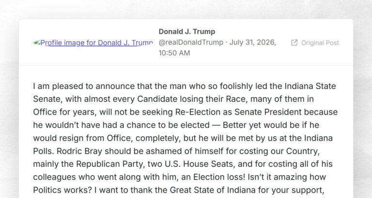 Donald J. Trump: “I am pleased to announce that the man who so foolishly led the Indiana State…