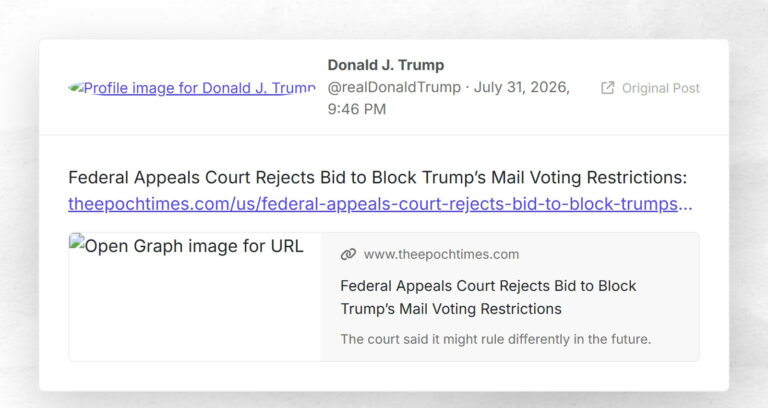 Federal Appeals Court Rejects Bid to Block Trump’s Mail Voting Restrictions: