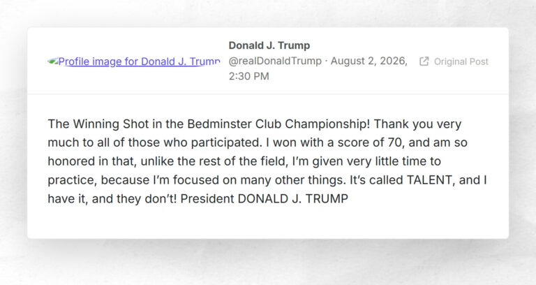 Donald J. Trump: “The Winning Shot in the Bedminster Club Championship! Thank you very much to…
