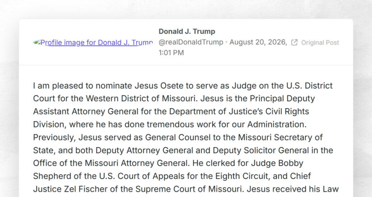 Donald J. Trump: “I am pleased to nominate Jesus Osete to serve as Judge on the U.S. District …