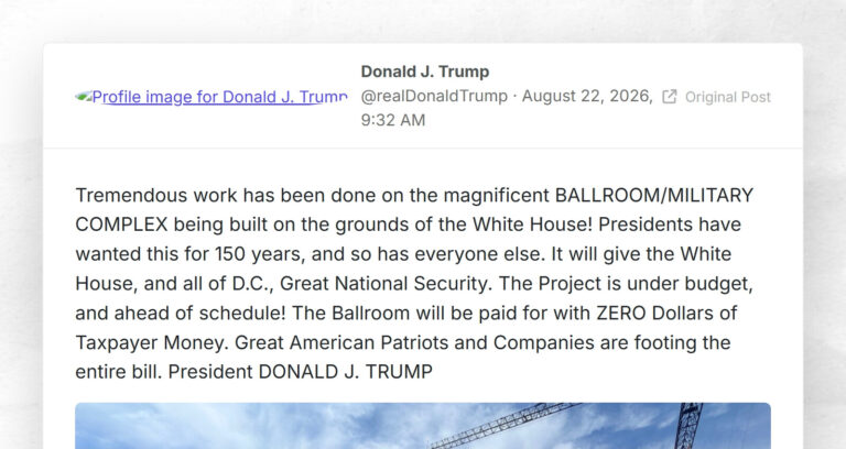 Tremendous work has been done on the magnificent BALLROOM/MILITARY COMPLEX being built on the grounds of the White House! Presidents have wanted this for 150 years, and so has everyone else. It will give the White House, and all of D.C., Great National Security. The Project is under budget, and ahead of schedule! The Ballroom will be paid for with ZERO Dollars of Taxpayer Money. Great American Patriots and Companies are footing the entire bill. President DONALD J. TRUMP