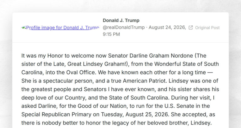 Donald J. Trump: “It was my Honor to welcome now Senator Darline Graham Nordone (The sister of…