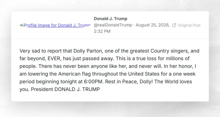 Donald J. Trump: “Very sad to report that Dolly Parton, one of the greatest Country singers, a…