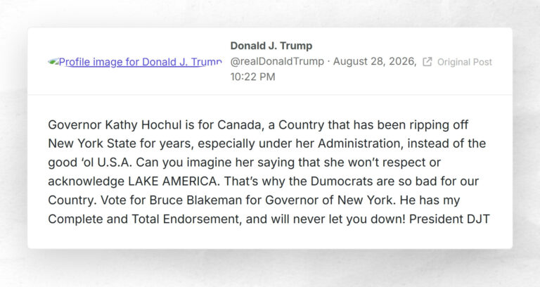 Donald J. Trump: “Governor Kathy Hochul is for Canada, a Country that has been ripping off New…